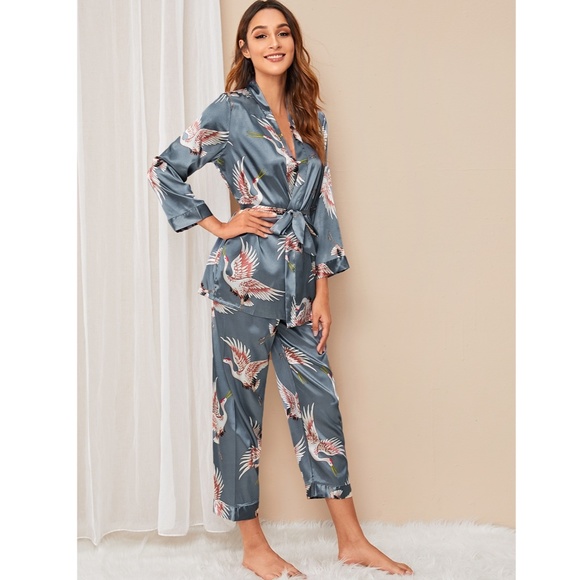 Satin 3 Piece Pajama Pant Set in Grey - Picture 2 of 7